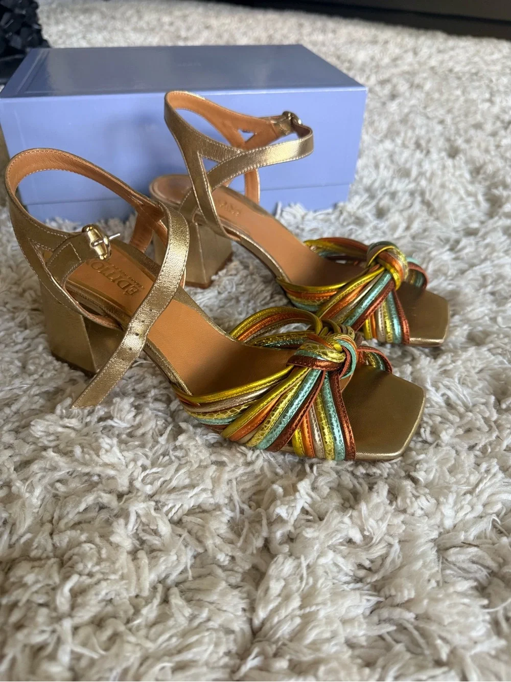 Sézane Metallic Gold Multi-Color Strappy Knot Block Heel Sandals